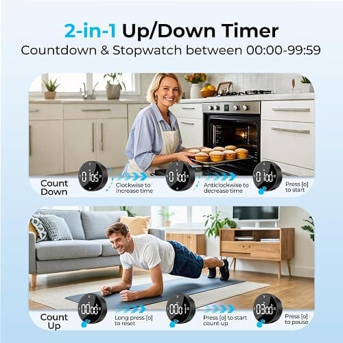 Allbean Magnetic Kitchen Timer for Cooking with Loud Alarm - Large LED Display Rotating Countdown Pomodoro Timer, Preset 5/15/25 Mins Easy for Seniors and Kids，for Baking Grilling Studying thumbnail 5