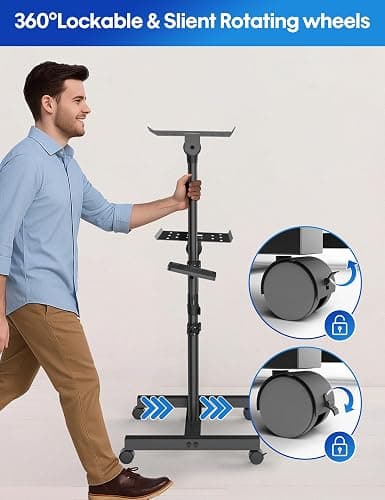 ORWOD Projector and Laptop Stand Tripod, 2 Shelves Mobile Laptop Tripod Stand, Max 47" Height Adjustable Laptop Cart on Wheels, Projector Floor Stand with Ventilated Tray for Podium, Meeting, Couch thumbnail 4
