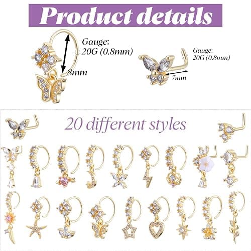 20pcs Dangle Nose Ring For Women 20g L Shaped Dangling Nose Stud Cz Heart Moon Star Butterfly Noses Rings Hoops Dangling Dangle Noses Piercing Jewelry thumbnail 2