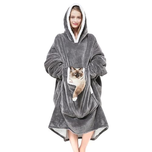 Cozystar Wearable Blanket Hoodie with Giant Pocket （Pet Won't Leave） Extra Soft Sherpa Fleece Thick Warm ＆ Cozy Oversized Sweatshirt Blanket Jacket with Sleeves-Grey - Image 1