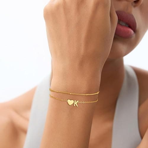 Fezodo Christmas Gifts for Grandkids Teens Girls, 14K Gold Plated Heart Initial Bracelets for Women Girl Dainty Gold Bracelets Birthday Gifts Stocking Stuffers for Teen Girls Women Jewelry thumbnail 3