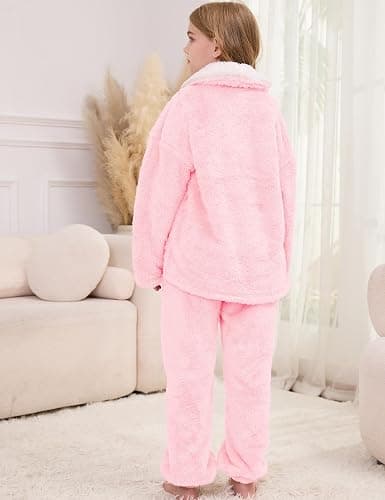 Kissonic Girls Fuzzy Pants Set Lapel Collar Pullover Fluffy Sweatshirt Fleece Pants Sweatsuit 2 Piece Outfits thumbnail 5