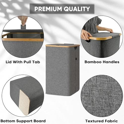 BALEINE Laundry Hamper with Lid, Tall Laundry Baskets with Bamboo Pull Handles, Large Laundry Bin with Internal Support (26 Gal/100L, Grey) - 26 Gal/100L - Grey thumbnail 3