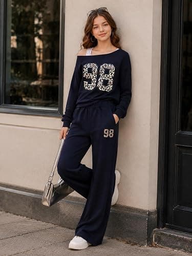 Kxuryueo Tween Girls Clothes Off The Shoulder Sweatshirt and Wide Leg Sweatpants Sweatsuit Size 7-14 thumbnail 5