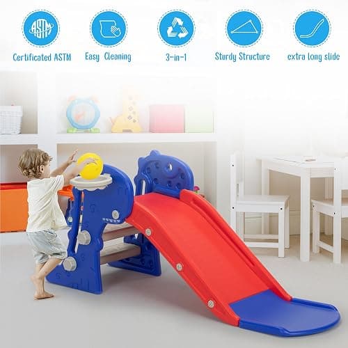 Nyeekoy 3 in 1 Toddler Slide, Kids Slide Climber Playset with Basketball Hoop, Indoor and Outdoor Playground for Kids, Folding Design Freestanding Baby Slide, Easy Assembly - Blue thumbnail 9