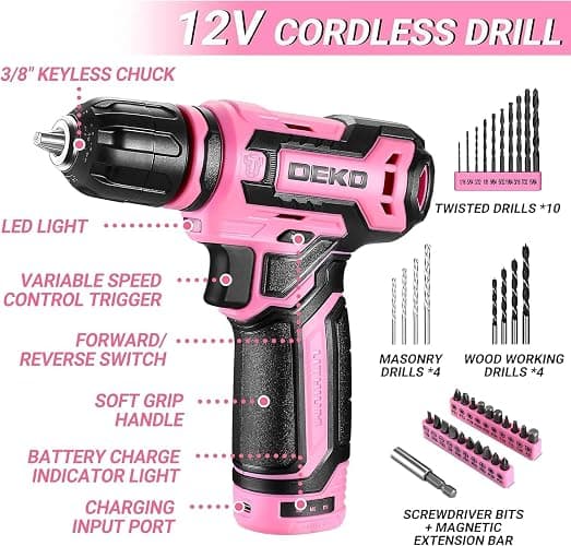 Pink Drill Tool Set Kit DEKOPRO Power Cordless Drill Tool Box with 12V Electric Pink Drill Driver Set for Women Home Hand Repair Tools Sets Drills Case thumbnail 3