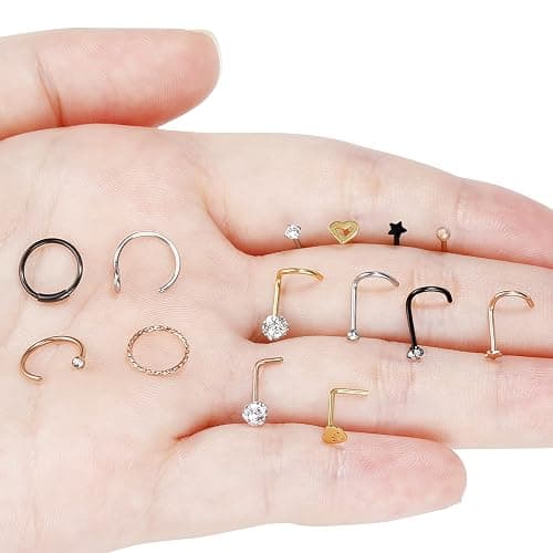 ONESING 35-70 PCS 18G 20G Nose Rings for Women & Men - Gold Hoops, L Shape, Studs & Screw - 316L Surgical Stainless Steel thumbnail 7