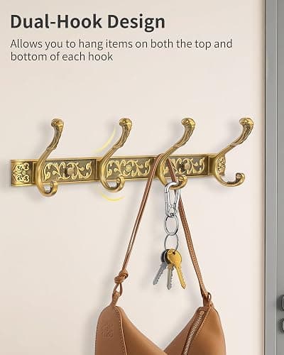 RIXIGOOD Vintage Coat Rack Wall Mount, Decorative Wall Coat Rack with 4 Hooks for Hanging Key Purse Hat Robe Towel Clothes Unique Hanger for Bathroom Shower Entryway Antique Brass 1 Pack thumbnail 4