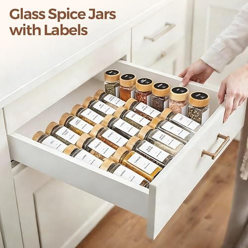 ComSaf Spice Jars with Lids and Labels 24 Pack, 120ml Square Glass Spice Containers with Bamboo Lids, Metal Funnel & Dual-Function Shaker Inserts, Herb & Seasoning Jar for Home Rack, Drawer, Organiser thumbnail 9