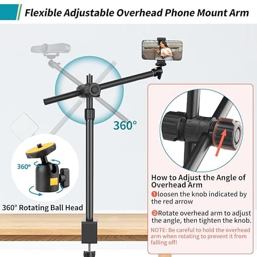 Camera Desk Mount Webcam Stand with Overhead Articulating Magic Boom Arm 1/4" Ball Head for DSLR Tripod, Adjustable Light Stand, Tabletop C Clamp for Ring Light Photo Video Shooting Live Streaming thumbnail 4