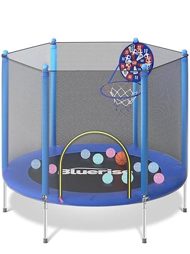 BLUERISE Trampoline 55IN 6FT Toddler Trampoline for Kids Indoor Outdoor Play for Kids Trampoline Basketball Hoop Attachment with Enclosure Net Easy to Assemble Outdoor Indoor Trampoline - 55IN - Blue