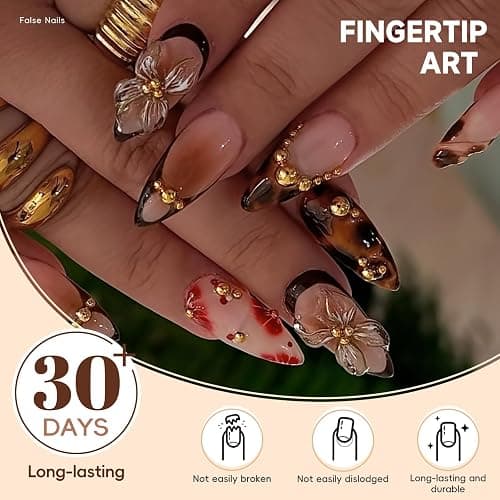HOSAILY Medium Almond 3D Brown Gold Flower Press on Nails-‎ Tortoiseshell Leopard French Tip Blossom Gradient Design,24Pcs Handmade Fall/Autumn/New Year Glue on Acrylic Fake Nail Press ons for Women thumbnail 4