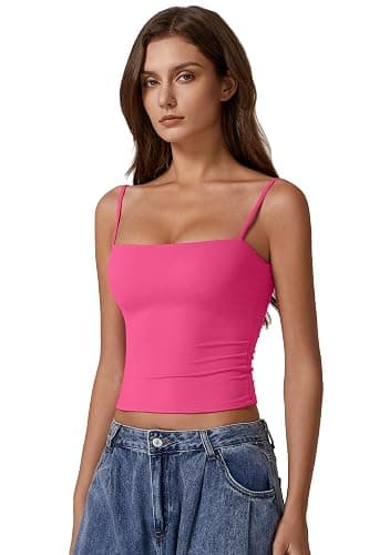 QINSEN Women's Double Lined Basic Tank Top Adjustable Spaghetti Straps Sleeveless Camisole Shirts thumbnail 3
