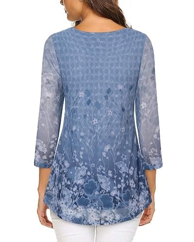 VALOLIA Women's 3/4 Sleeve Tunic Tops Casual Loose Fit Floral Blouses Mesh Pleated Layered Shirt thumbnail 2