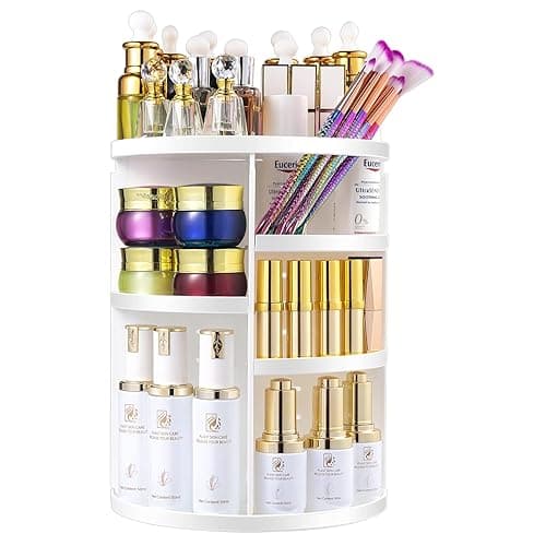 Makeup Organizer, 360 Rotating Cosmetic Organizer,DIY Adjustable Makeup Carousel Spinning Holder Rack, Large Capacity Cosmetic Storage Box Makeup Brushes Organizer for Vanity Countertop - White