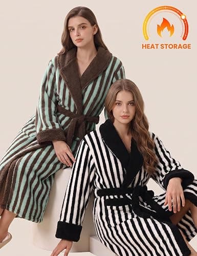 ACTCHIC Womens Striped Fluffy Robe Long Plush Robes Warm Fuzzy Bathrobe | Thermal Robe,Shawl Collar,Belted,Patch Pockets,Wrapped, Loungwear,Shower,Housecoat,Color Block,Cozy thumbnail 3