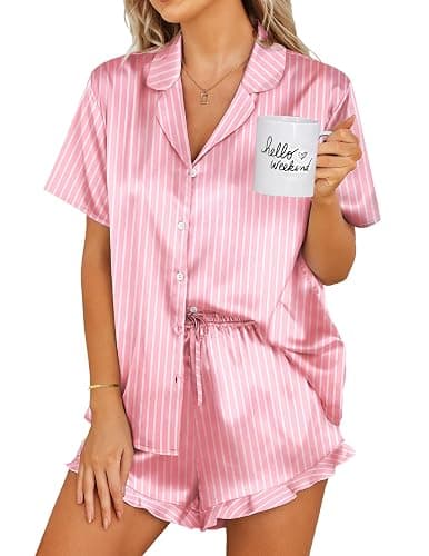 Ekouaer Womens Satin Pajamas Set Button Down 2 Piece Silk Pjs Shorts Set Ruffle Lingerie Notch Collar Sleepwear - Image 1