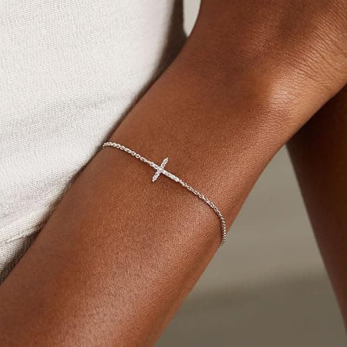 Moodear Christmas Gifts Sotcking Stuffers, Dainty 925 Sterling Silver/14k Gold Plated CZ Cross Bracelet Layered Snake Pearl Chain Knot Bracelets for Women Trendy Religious Christian Jewelry thumbnail 2