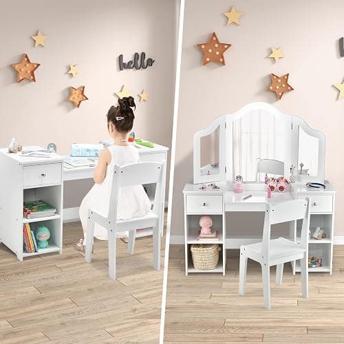 AKUSTIK Kids Vanity, 2 in 1 Wooden Princess Makeup Table and Chair for Toddlers with Tri-Folding Detachable Mirror, Storage Drawers for Little Girls, Pretend Beauty Dressing Desk Play Set Toy Gift thumbnail 7