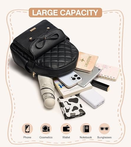 Marvolia Mini Backpack for Women and Girls - Leather Backpack with Cute Bowknot Quilted Small Backpacks for Shopping Travel School - Black thumbnail 6