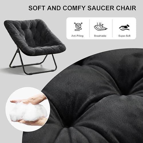 Saucer Chair, Folding Chairs for Living Room, Comfy Adults Chair with Soft Faux Fur for Bedroom, Reading and Dorm Room, X-Large (Black) thumbnail 5