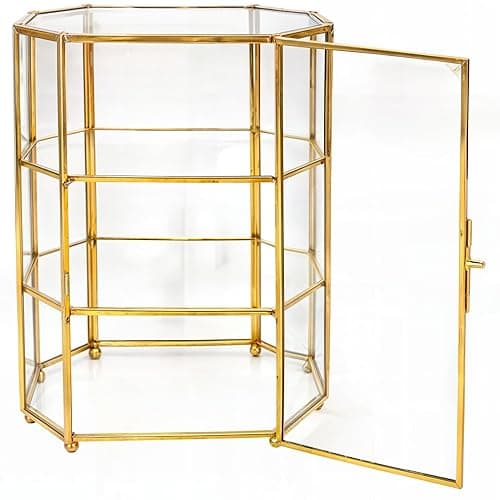 BuleVina Glass Jewelry Display Case 6.7x4x8.4 inches Small Cabinet, 3-Tier Geometric Box Keepsake Trinket for Rings, Earrings, Crystals, Makeup Organizer, Multifunction Table Decoration Storage