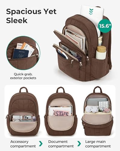BAGSMART College Laptop Backpack, Travel Backpack for Women, Quilted Casual Daypack, Water-Resistant Bookbag for 15.6 Inch Laptop, Chocolate thumbnail 3