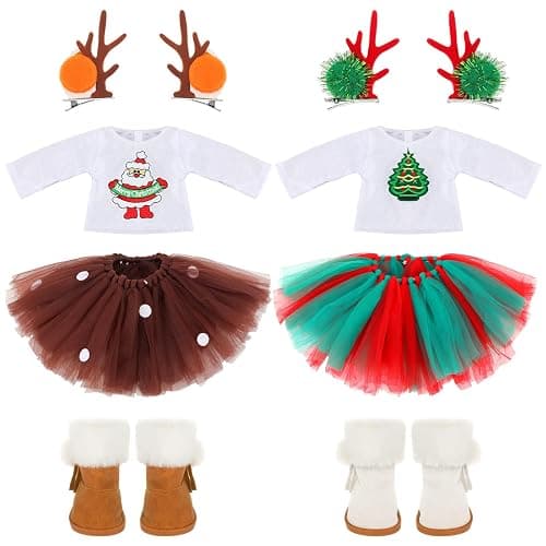 Kajaia 8 Pcs Christmas 18 Inch Doll Clothes and Accessories Dress Skirt Shoes Outfit with Santa Claus Deer Hairpin Outfit Christmas Themed Accessories for 18 Inch Doll - Image 1