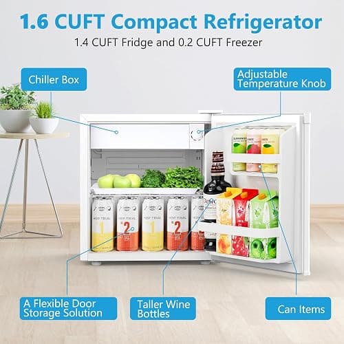 Electactic 1.7 Cu.ft Mini Fridge with Freezer, Compact Refrigerator, Single Reversible Door, Ultra Quiet, Energy Efficient for Office, Dorm, Bedroom, Apartment, White thumbnail 6