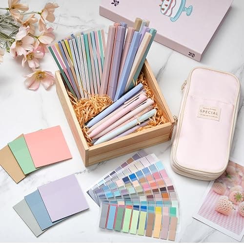 135 Pcs Book Annotation Kit Aesthetic Pencil Case Bag with 12 Highlighter 11 Gel Pen 1 Marker 300 Sheets Transparent Sticky Notes Pads 2640 Index Tabs Bible Study Supplies for School Gift(Pink) thumbnail 2
