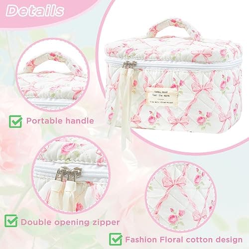 Sminra Makeup Bag Large Travel Quilted Cosmetic Makeup Bag Organizer, Floral Cotton Coquette Aesthetic Toiletry Bag for Women Girls (Pink Bow Flowers-L) thumbnail 4