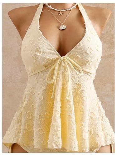 Verdusa Women's 2 Piece Hater Tankini Set Textured Babydoll Tops with Panty Swimsuits thumbnail 4