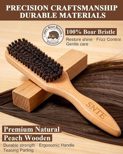 100% Boar Bristle Slick Back Hair Brush | Natural Peach Wood Handle | Restores Shine, Controls Frizz, Smooths Flyaways | Teasing Adds Volume Styling Tool | For Sleek Ponytails, Buns & Beard Grooming thumbnail 2