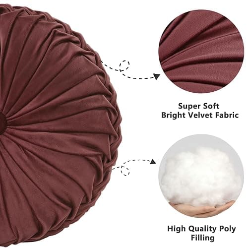 HIG Set of 2 Decorative Round Pleated Throw Pillows,Classy Accent Pumpkin Throw Pillows with Center Button,Vintage Velvet Floor Pillows for Sofa Vanity Chair Bed,Dusty Rose,14.5" Diameter(Ripple) thumbnail 3