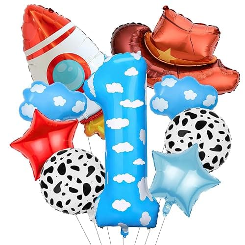 Toy Themed Decorations, 9pcs Cow Print Sky Blue Cloud Balloons with Rocket Balloon and Cowboy Hat Balloon for Kids Inspired Story 1st Birthday Party Decorations (1ST) - Image 1