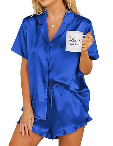 Ekouaer Womens Satin Pajamas Set Button Down 2 Piece Silk Pjs Shorts Set Ruffle Lingerie Notch Collar Sleepwear - Image 1