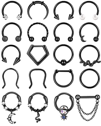 ONESING 16-20Pcs 16G Septum Rings Surgical Steel Nose Septum Jewelry Nose Piercing Jewelry Septum Horseshoe Helix Tragus Earring Lip Black Nose Hoop for Women Men - Image 1