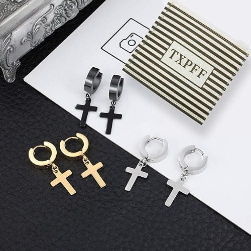 TXPFF Men Women Stainless Steel Cross Earrings Set Dangle Hinged Earrings of Dangle Hinged Earrings Cross hoop Earrings thumbnail 3
