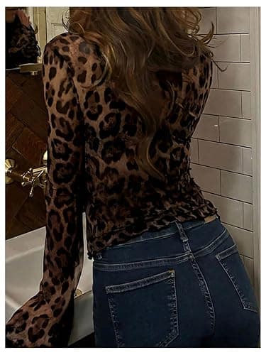 RoseSeek Women's Leopard Sheer Tops Bell Sleeve Tie Front V Neck T Shirt Vintage Party Y2K Clothes Going Out Top thumbnail 3