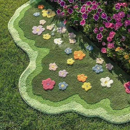 Floral Spring Moss Green Area Rug for Bedroom Living Room, Irregular Cute Non-Slip Bathroom Mat, Washable Aesthetic Accent Carpet for Women Dorm, Unique Floral Floor Rug for Boho Home Decor - Image 1
