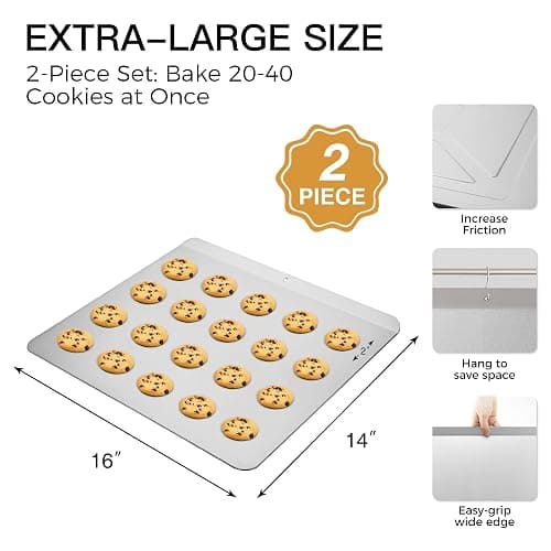 HONGBAKE 2 Pieces Large Flat Cookie Sheet No Edges, Nonstick Insulated Baking Pan, Commercial Oven Trays for Cooking, 16" X 14", Grey thumbnail 2