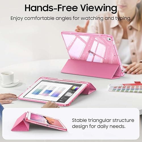 Fintie Slim Case for iPad 9th / 8th / 7th Generation (2021/2020 / 2019) 10.2 Inch - [Built-in Pencil Holder] Glittering Sparkly Shockproof Cover with Shiny Clear Back Shell, Auto Wake/Sleep, Pink - Pink thumbnail 3