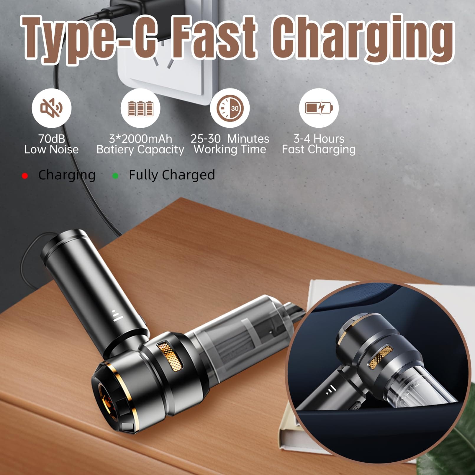 Handheld Vacuum Car Vacuum Cleaner,25000Pa Powerful Brushless 4-in-1,Car Vacuum Cordless,Low Noise Rechargeable Mini Vacuum for Vehicle,Home, Office,Keyboard,Pet Hair(Black Gold) thumbnail 3
