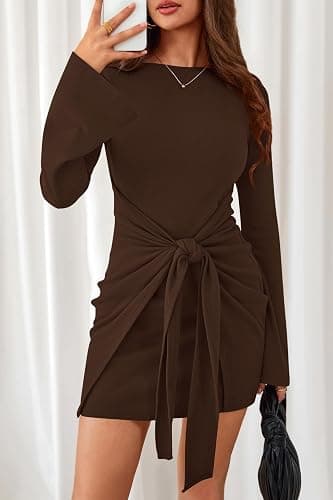 dowerme Women's Casual Mini Dress 2025 Bell Long Sleeve Boat Neck Tie Waist Bodycon Dresses Knitted Party Fall Outfits thumbnail 3