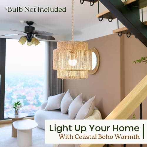Chi An Home 11.8" Boho Jute Plug in Pendant Light, Handwoven Natural Hanging Lamp Plug in with Dimmable Light Switch, Wicker Hanging Light Fixture for Bedroom Living Room Kitchen (No Bulb Included) thumbnail 6