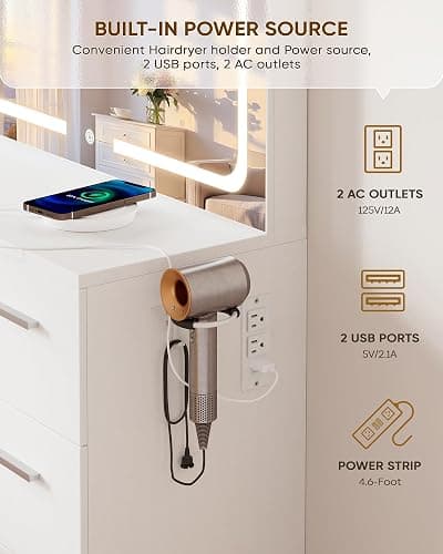 LIVELYGLOW Makeup Vanity Desk Set, White, 35.4“W x 15.7" D x 53.9" H (Large Smart LED Mirror, with Cushion Stool, Hairdryer Rack, Power-Outlet, 4 Drawers) thumbnail 5