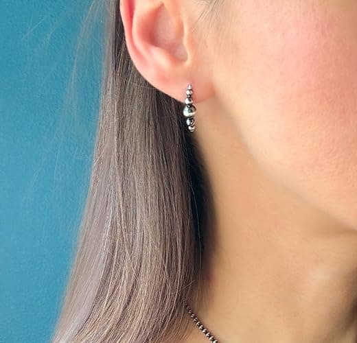Sterling Silver Navajo Pearl Style Threader Earrings for Women, Beaded Open Hoop Earrings Western Jewelry Handmade in the USA thumbnail 3