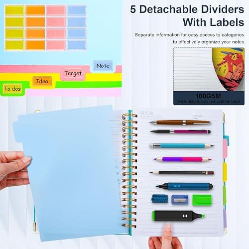 Hardcover Spiral Notebook 8"x10" Journal Notebook with Tabs and Removable Dividers 300 Pages 5 Subject Notebook College Ruled, Faux Leather Spiral Bound Notebook for Women School Work (Dark Blue) thumbnail 6