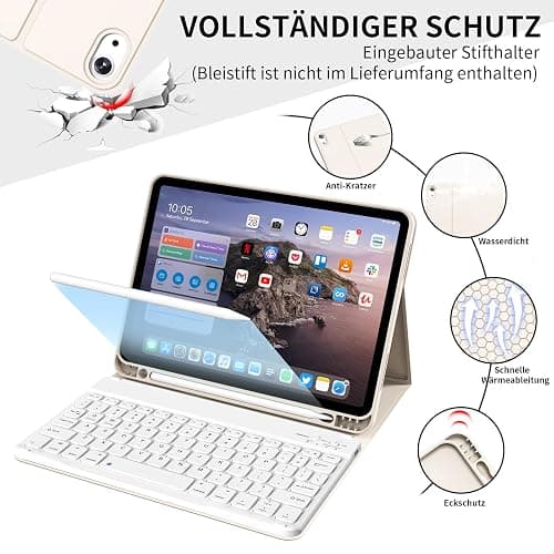 KVTVOU für iPad 11. Generation A16 2025, für iPad 10. Generation 2022 10,9 Zoll Hülle mit Tastatur, Ganzkörper-Absturzsicherung, Bluetooth Abnehmbarer QWERTZ Tastatur, Cremeweiß thumbnail 4