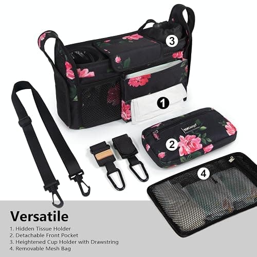 TOPDesign Universal Baby Stroller Organizer, Stroller Caddy with Detachable Mesh Bag & Heightened Insulated Cup Holders & Non-Slip Secure Hooks Accessories, Fits Most Strollers (Peony) thumbnail 2